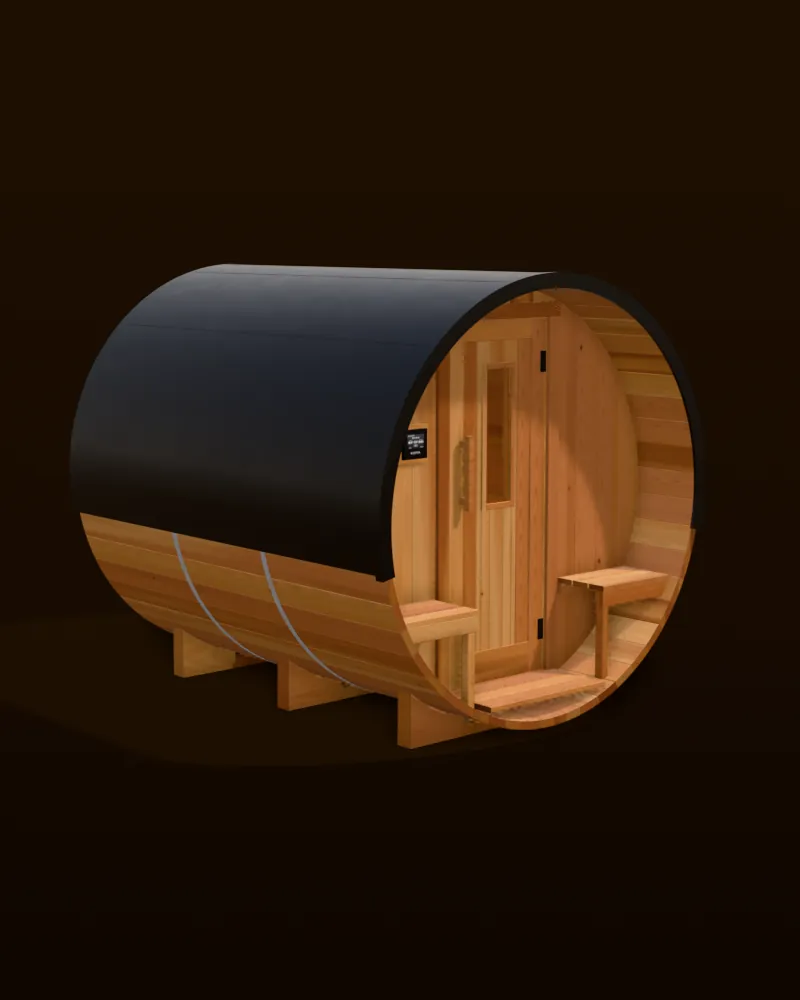 3D model of our Nootka barrel sauna in cedar with a black metal roof, seen from the porch end